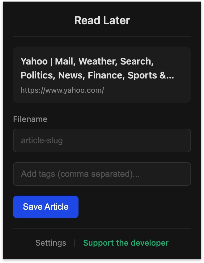 My Stash Mark free save popup with title, URL, filename, tags, and Save Article button